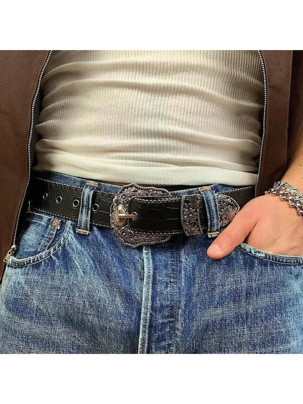 Y2K Western Boho Black Brown Belt 38.5 Inch Unisex